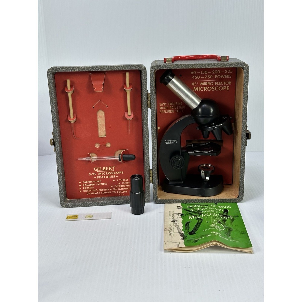 Vintage Gilbert S-25 Microscope Set Case Larger Eyepiece Dropper Instructions